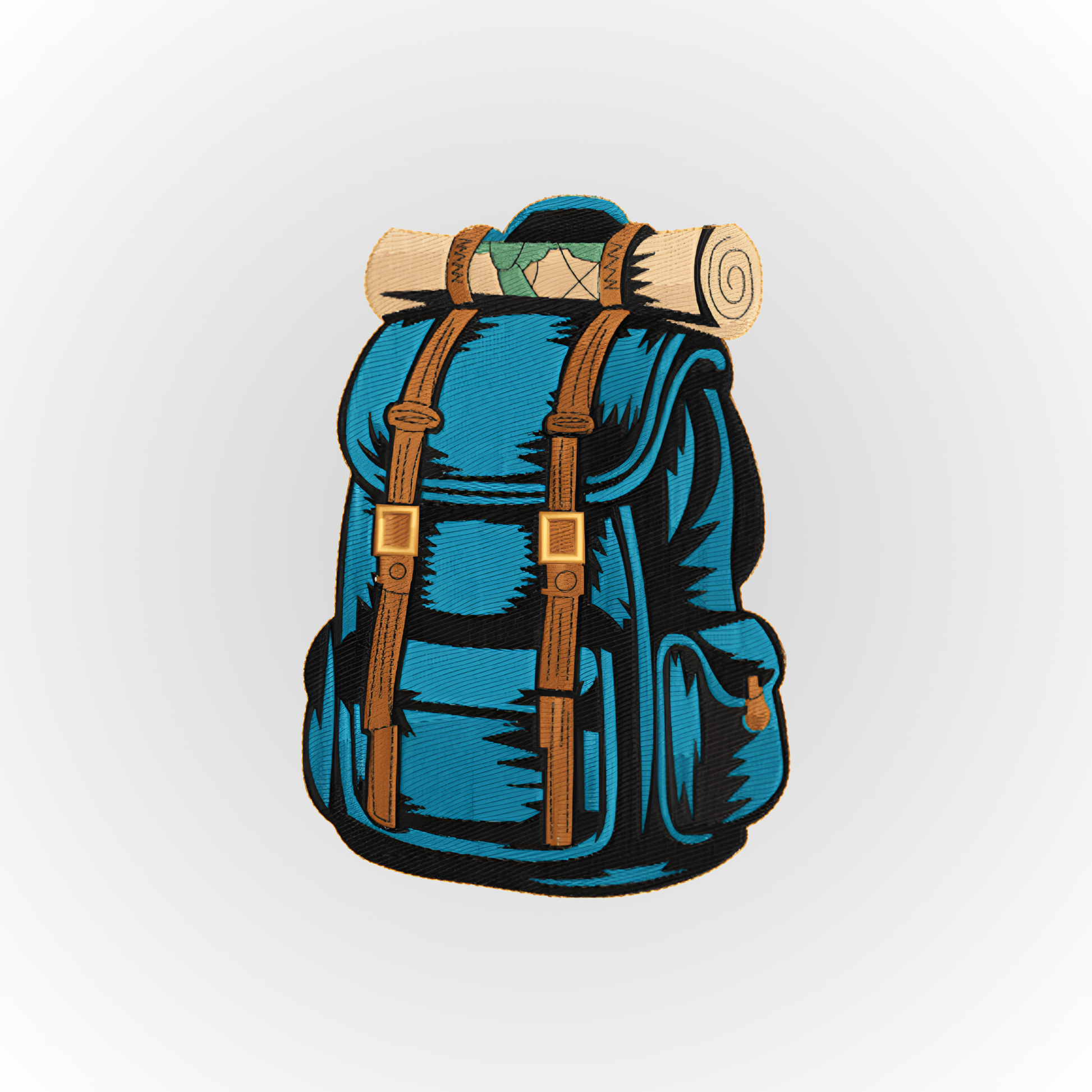 Blue backpack with brown straps and a rolled-up map on a light gray background