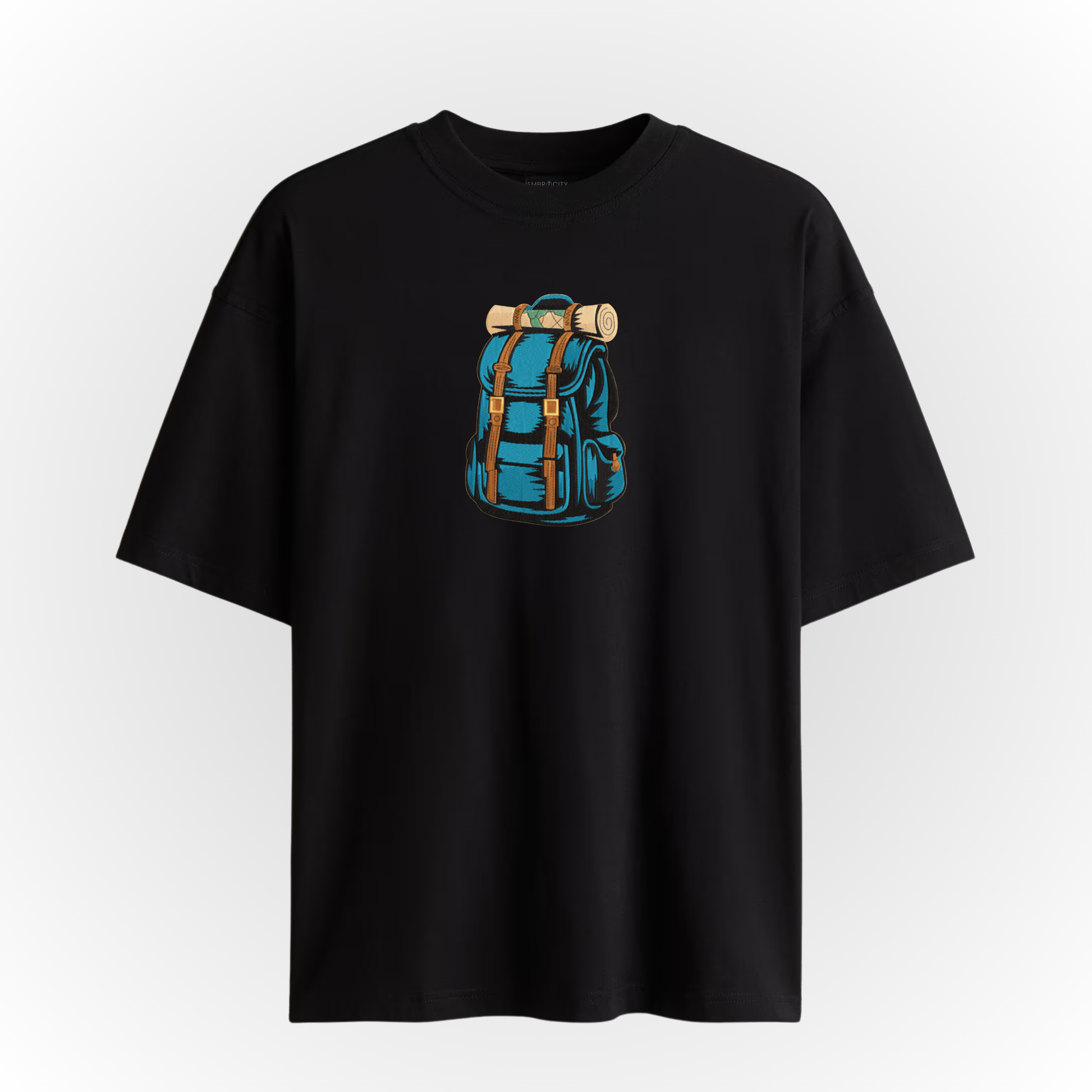 Black t-shirt with a blue backpack embroidery on a white background