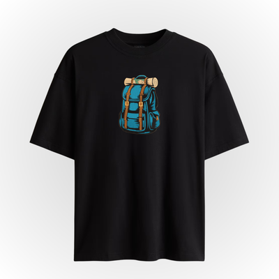 Black t-shirt with a blue backpack embroidery on a white background