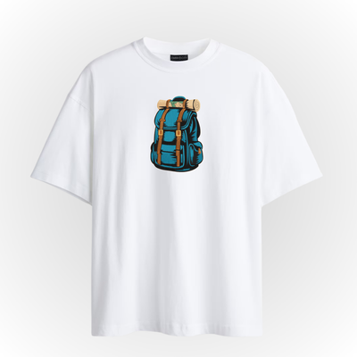 White t-shirt with a blue backpack embroidery on a light gray background