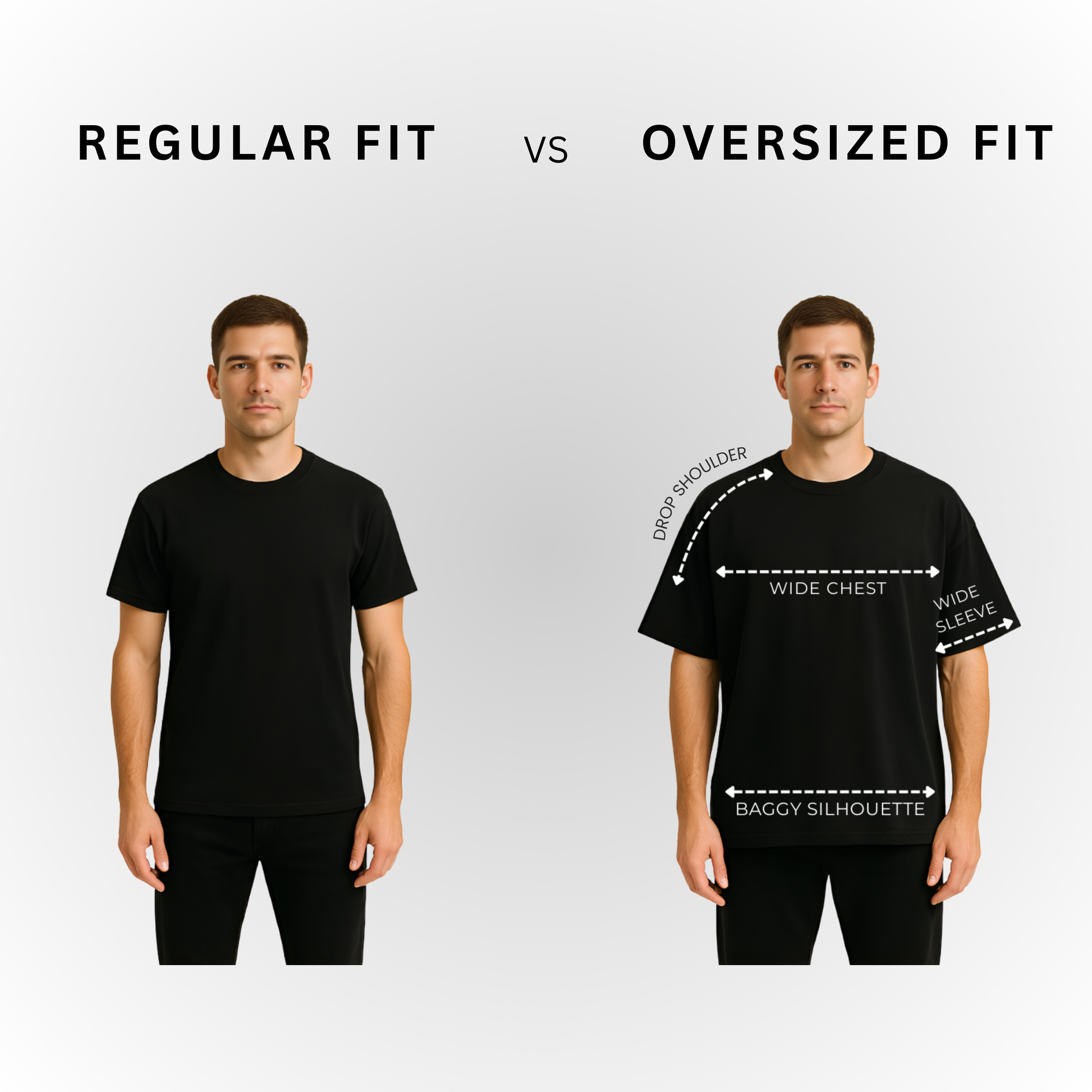 Comparison of regular fit and oversized fit black t-shirts on a gray background