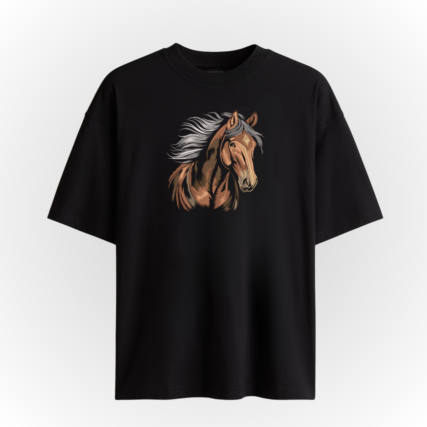 Black t-shirt with a majestic horse Embroidery on a white background