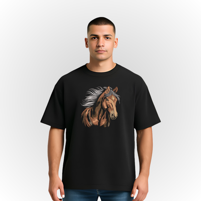 Person wearing a black t-shirt with a  Majestic horse Embroidery on a plain background
