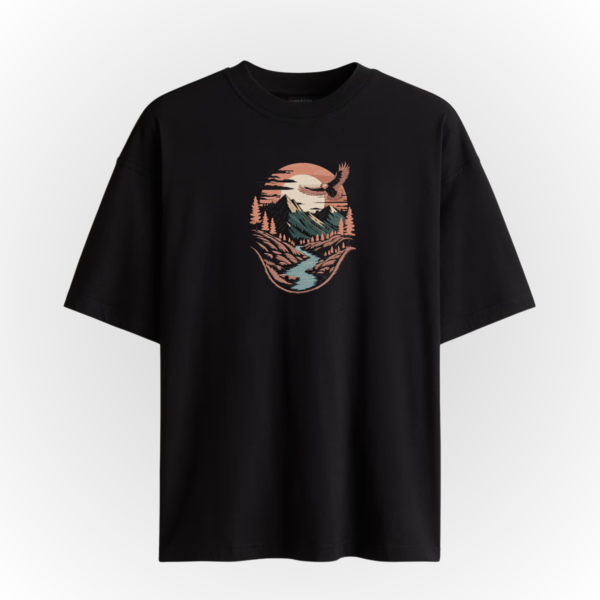 Black t-shirt with a mountain river landscape embroidery on a white background