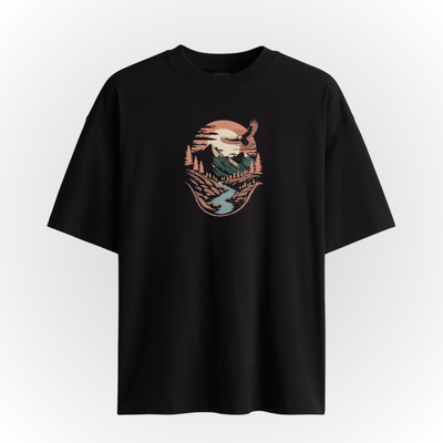 Black t-shirt with a mountain river landscape embroidery on a white background