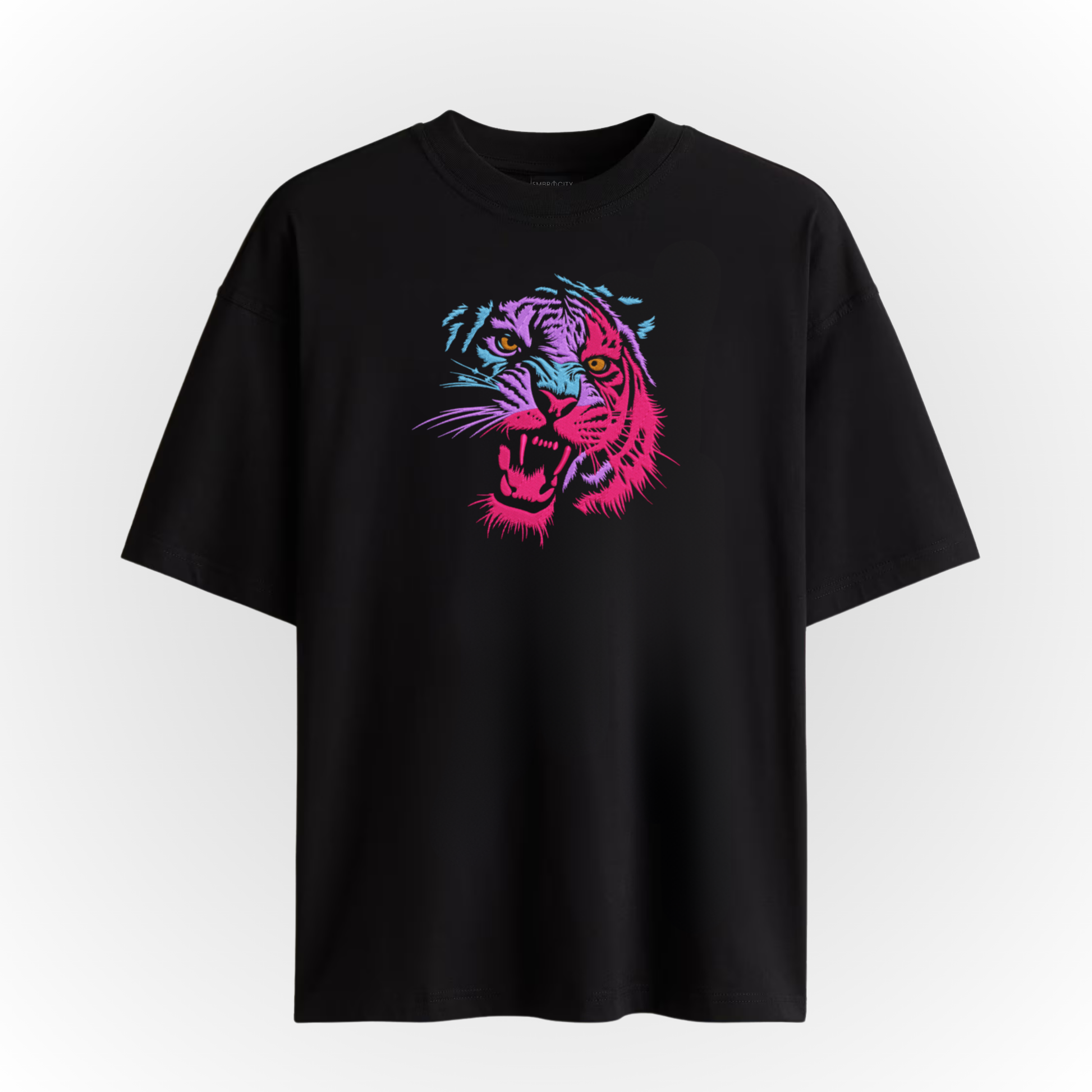 Black t-shirt with a Multicolor roaring tiger Embroidery on a white background