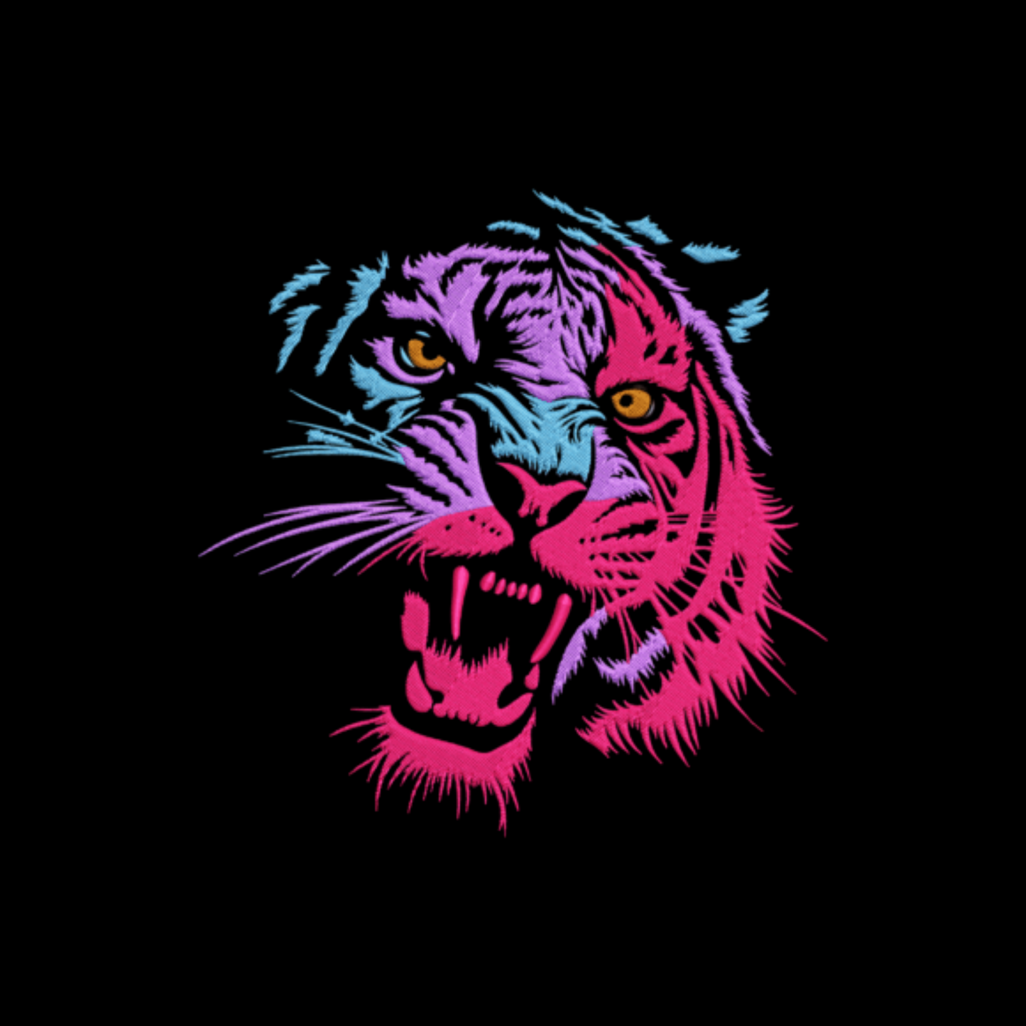 multicolor roaring tiger embroidery design on a black t-shirt